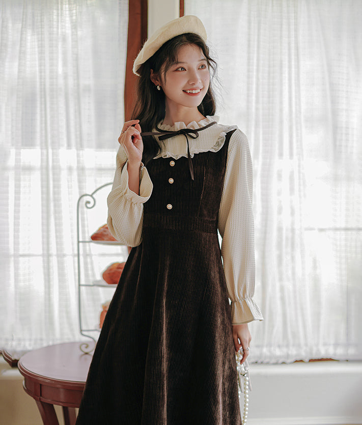 Frilly High Neck Corduroy Sweater Dress (2 Colors)