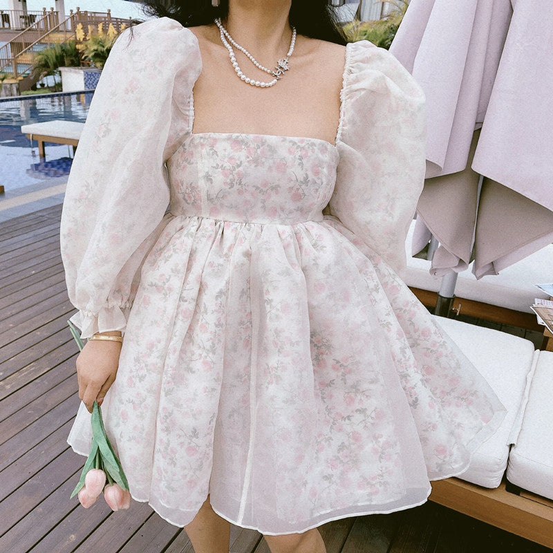 Rose Tea Reversible Mini Puff Dress (White)