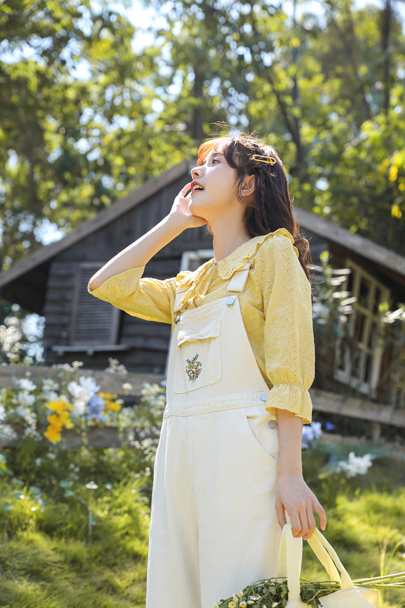 Bow Floral Embroidered Overalls (Cream)