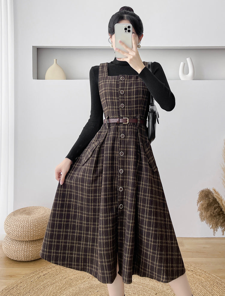 Button Up Plaid Pinafore Dress (2 Colors)