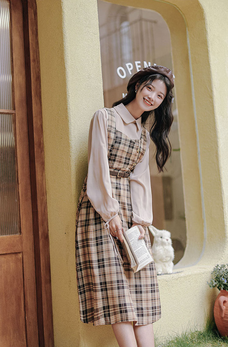 Honey Plaid Pinafore Dress (Khaki)