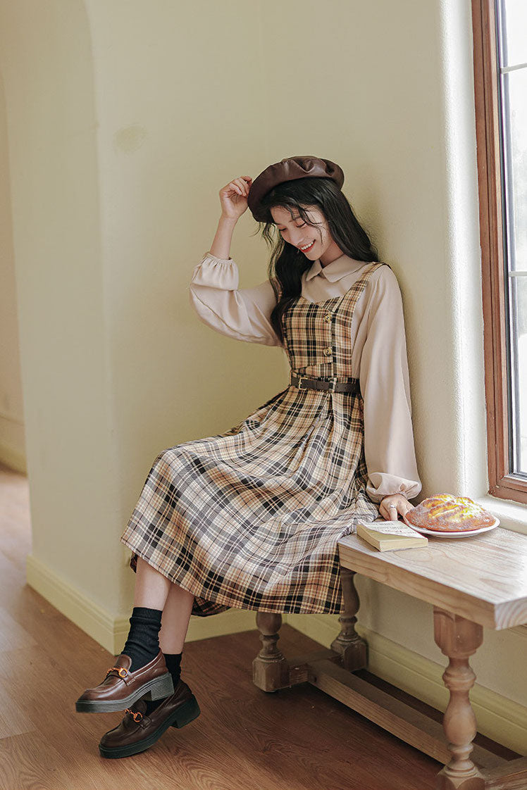 Honey Plaid Pinafore Dress (Khaki)