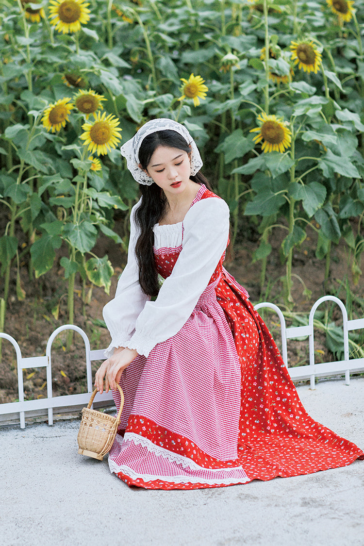 Floral Gingham Folk Dress (Red/White)