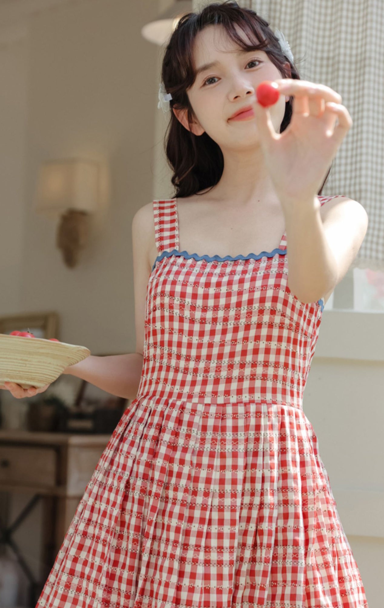 Daisy Chain Gingham Midi Dress (Red)