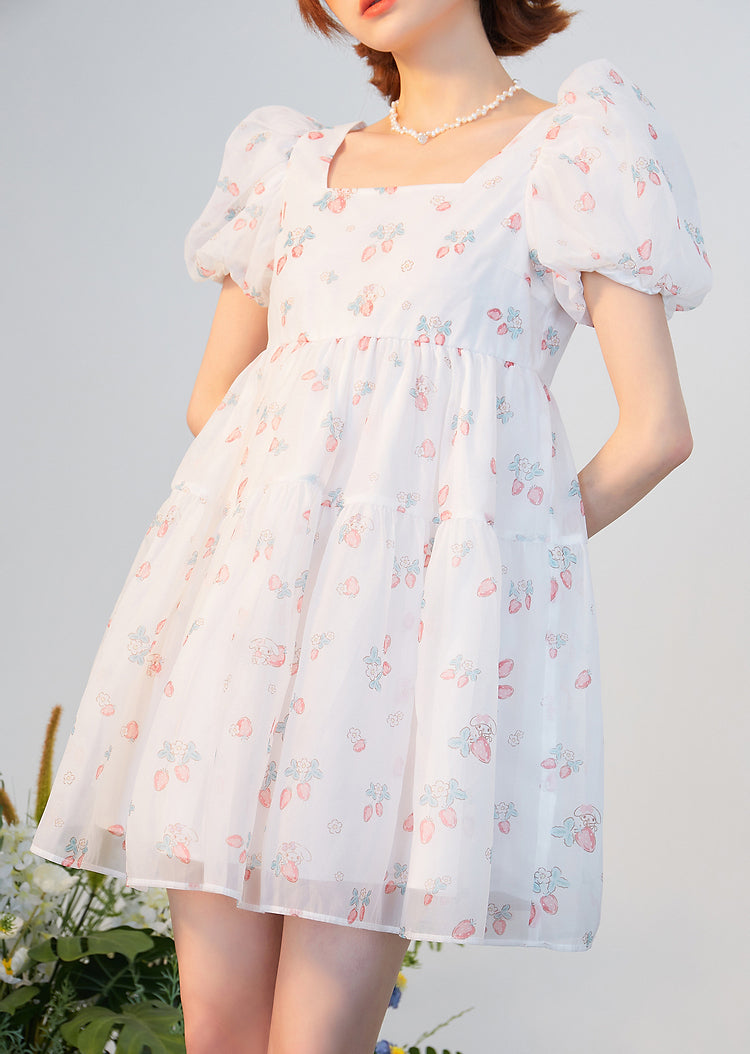 Strawberry Bunny Tiered Dress (White)