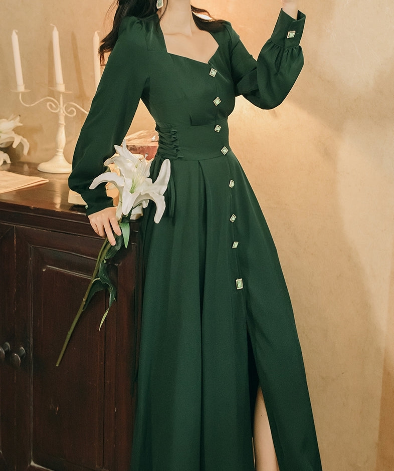 Emerald Button Midi Dress (Hunter Green)