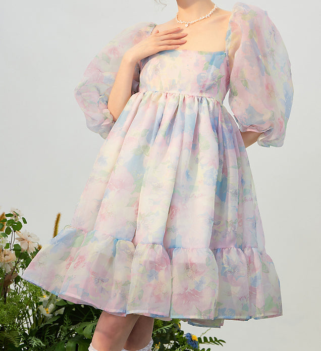 Watercolor Floral Puff Dress (Blue/Pink)