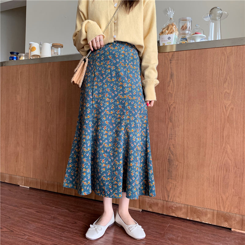 Corduroy Ditsy Floral Midi Skirt (3 Colors)