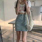 Flower Pocket Denim Skirt (Light Blue)