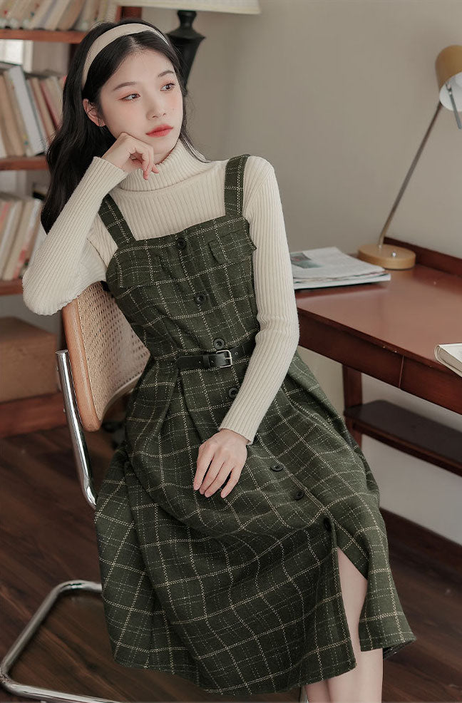 Button Up Plaid Cami Midi Dress (2 Colors)