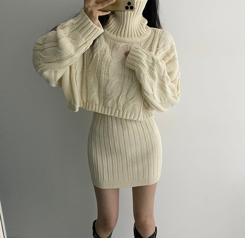 Turtleneck Cable Knit Cropped Sweater & Skirt Knit Set (4 Colors)