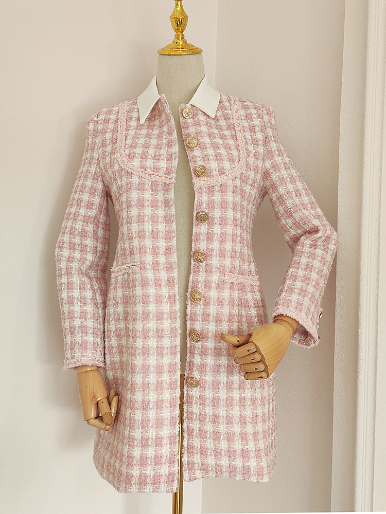 Megoosta Fashion Preppy Tweed Button Up Dress (Pink) S
