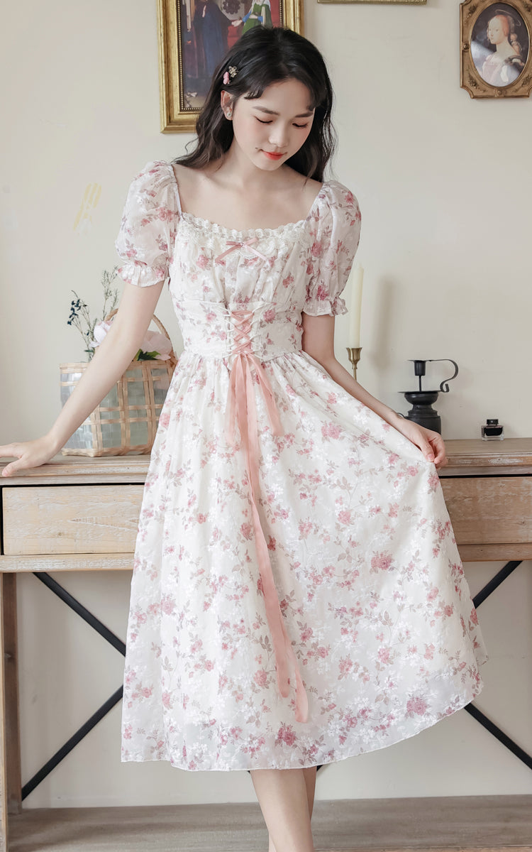 Cherry Blossom Lace Up Dress (White/Pink)