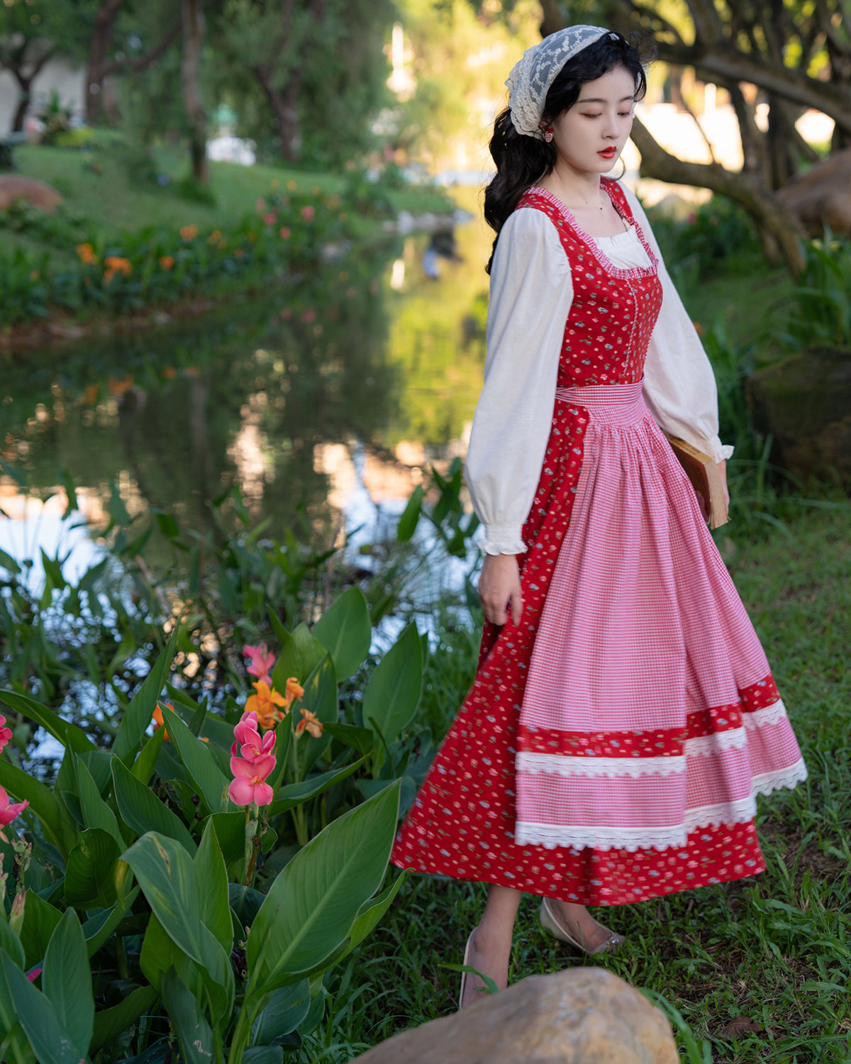 Floral Gingham Folk Dress (Red/White)