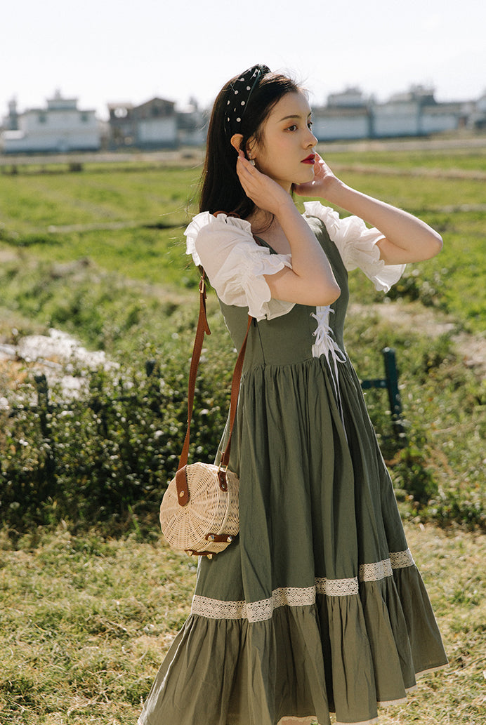 Country Maiden Lace Up Dress (Olive)