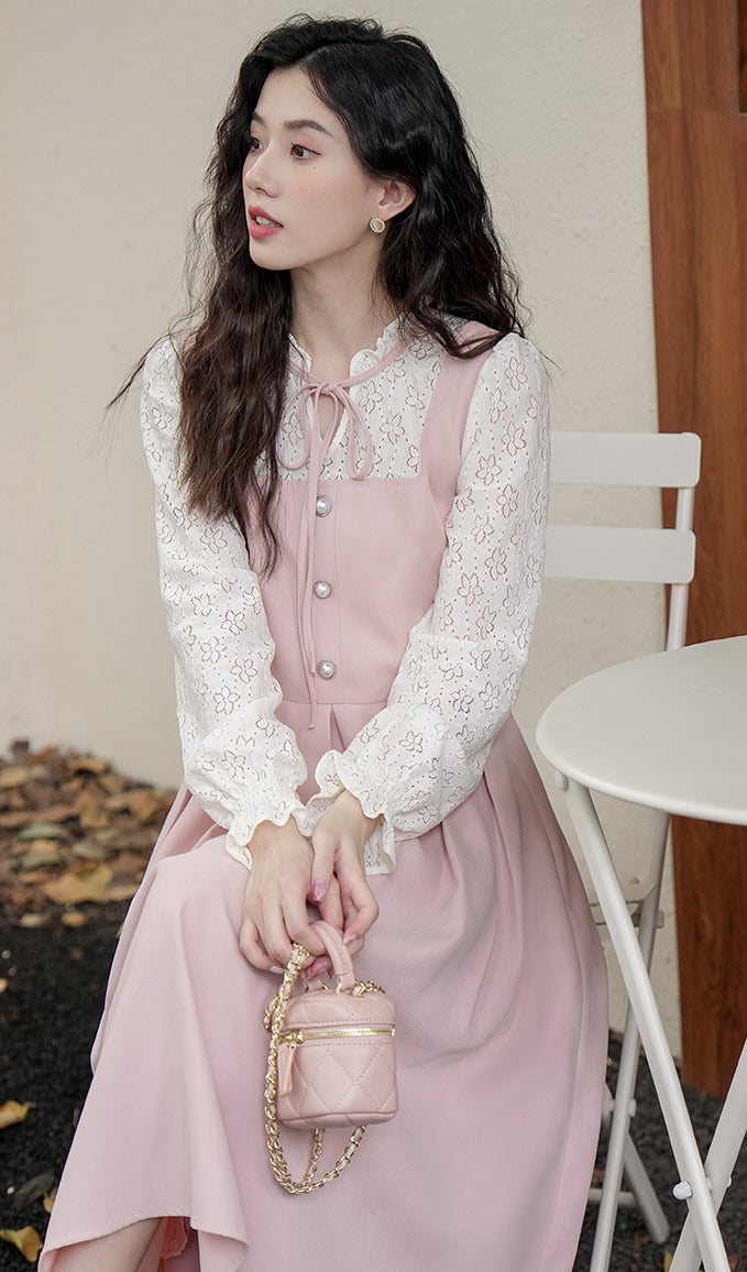 Floral Lace Twofer Midi Dress (Pink/White)