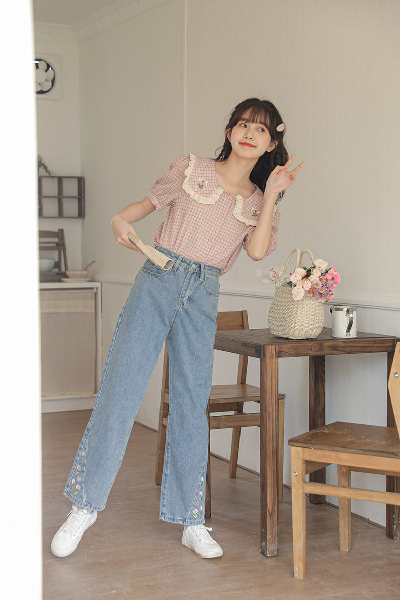 Cottage Flower Plaid Blouse (Pink)