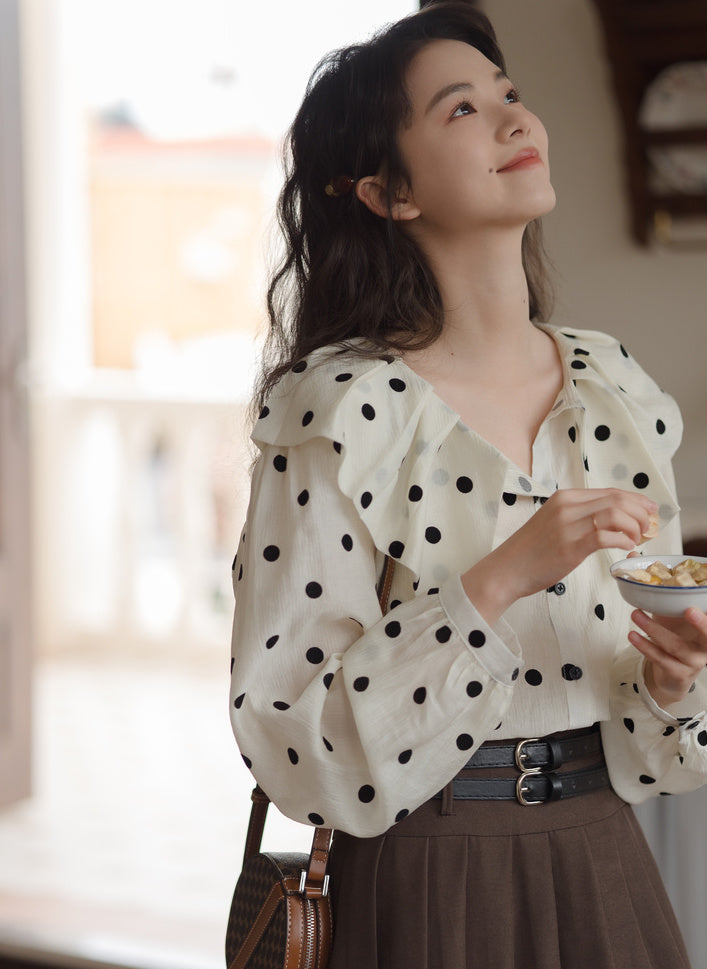 Polka Dot Ruffle Blouse (White)