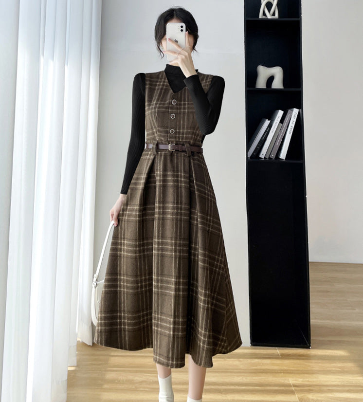 Coffee Plaid Midi Pinafore Dress (Brown)