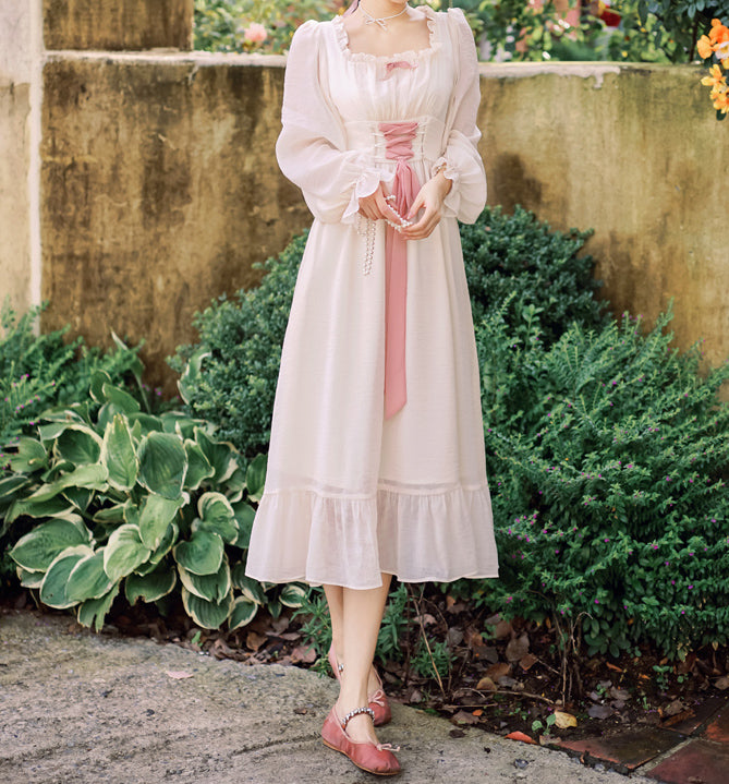 Meadow Corset Midi Dress (White/Pink)