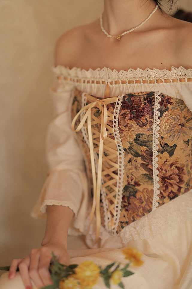 Rustic Floral Lace Up Corset (Beige)