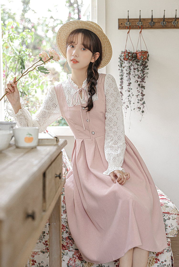 Floral Lace Twofer Midi Dress (Pink/White)