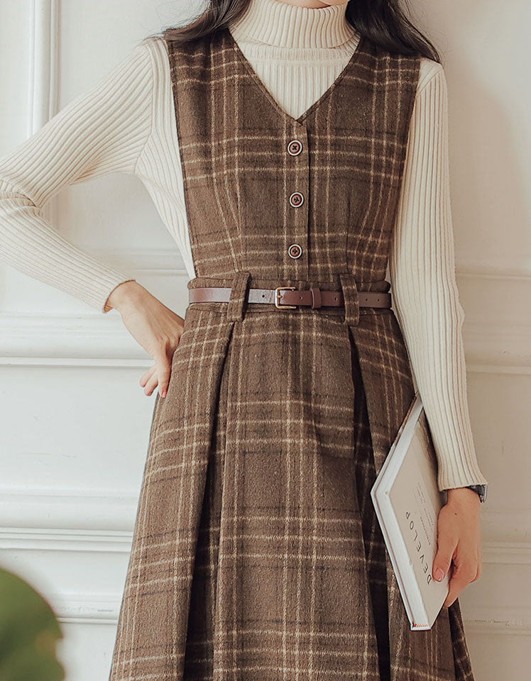 Coffee Plaid Midi Pinafore Dress (Brown)