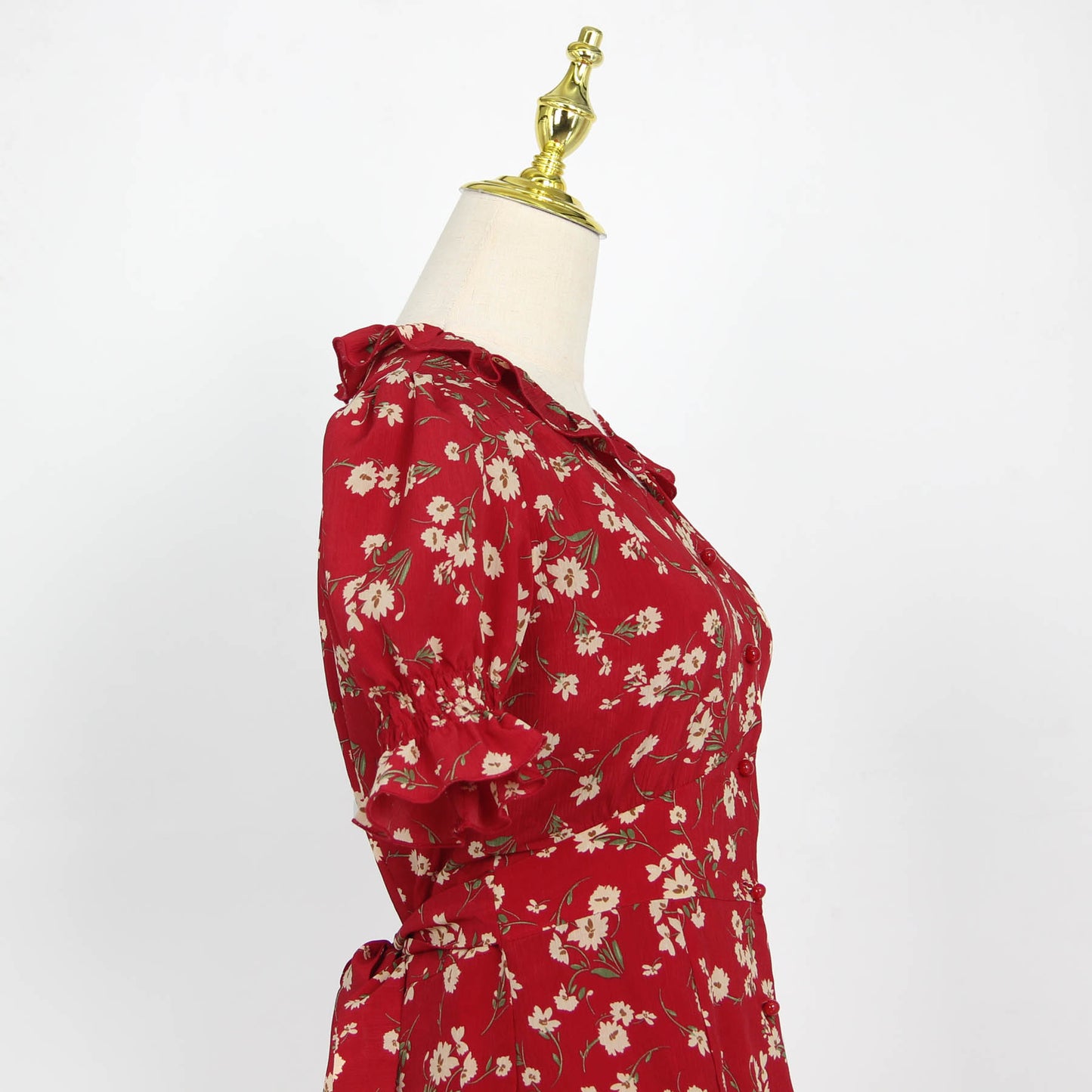 Floral Blossom Puff Sleeve Dress (Red)