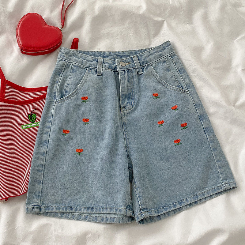Little Tulip Embroidered Shorts (Light Denim)