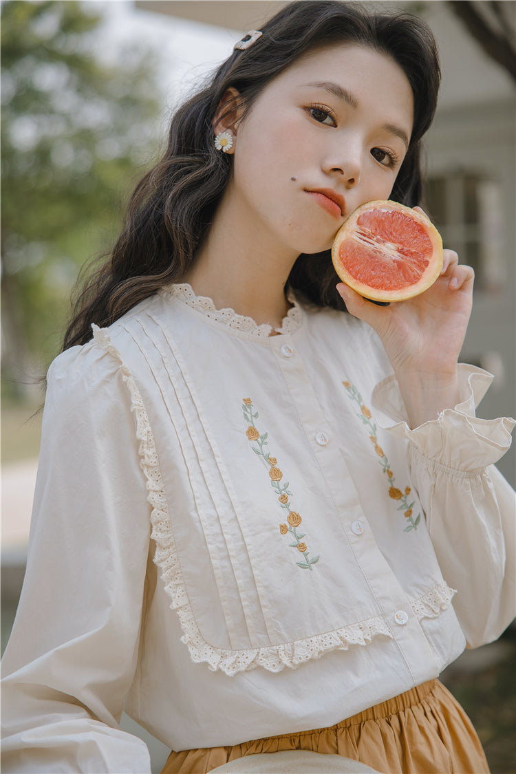 Golden Rose Embroidered Blouse (Cream)