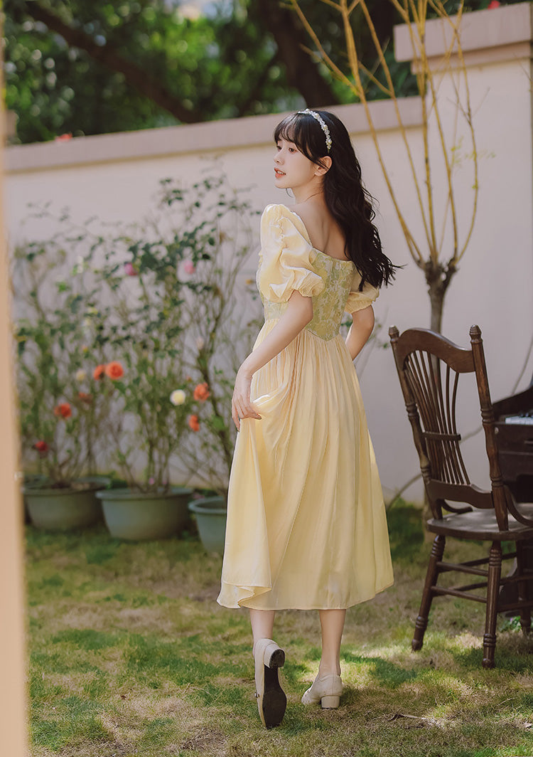 Belle Floral Puff Sleeve Dress (Yellow)