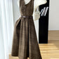 Coffee Plaid Midi Pinafore Dress (Brown)