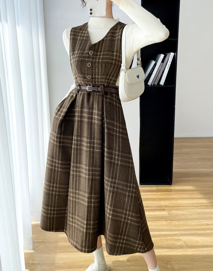 Coffee Plaid Midi Pinafore Dress (Brown)