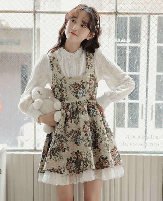 Rustic Rose Babydoll Dress (Beige)