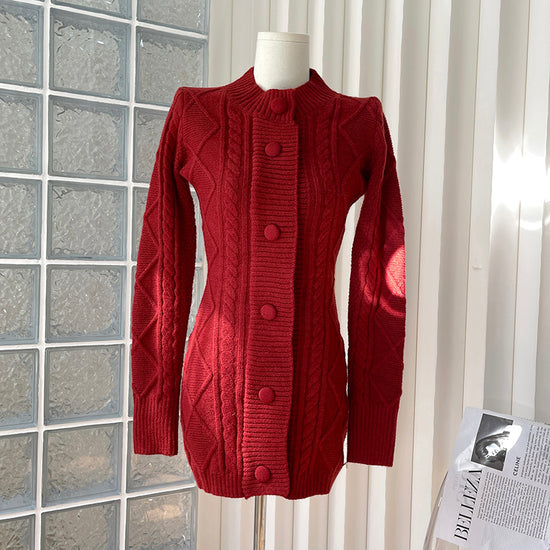 Button-Up Knit Sweater Dress with Belt