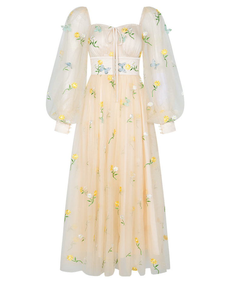 Butterfly Garden Tulle Maxi Dress (Cream)