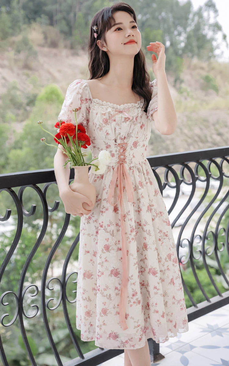 Cherry Blossom Lace Up Dress (White/Pink)