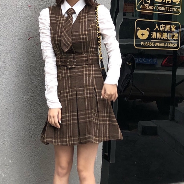 Coffee Plaid Pinafore Dress / Blouse (Brown)