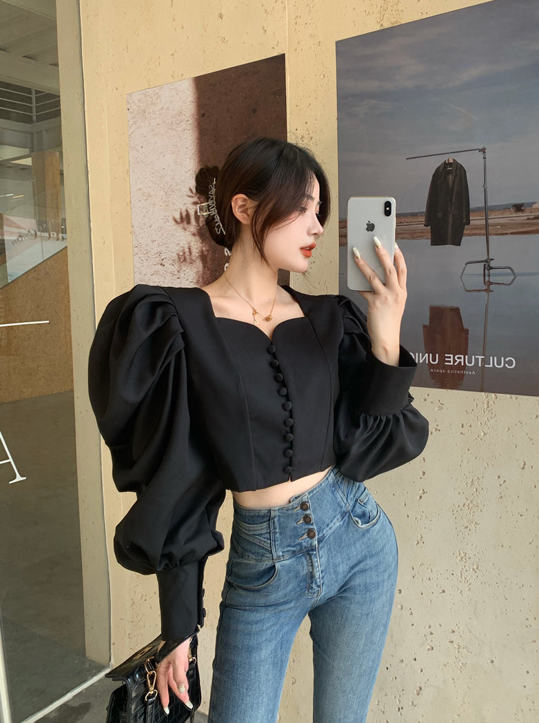 Puff Sleeve Sweetheart Button Up Blouse (2 Colors)