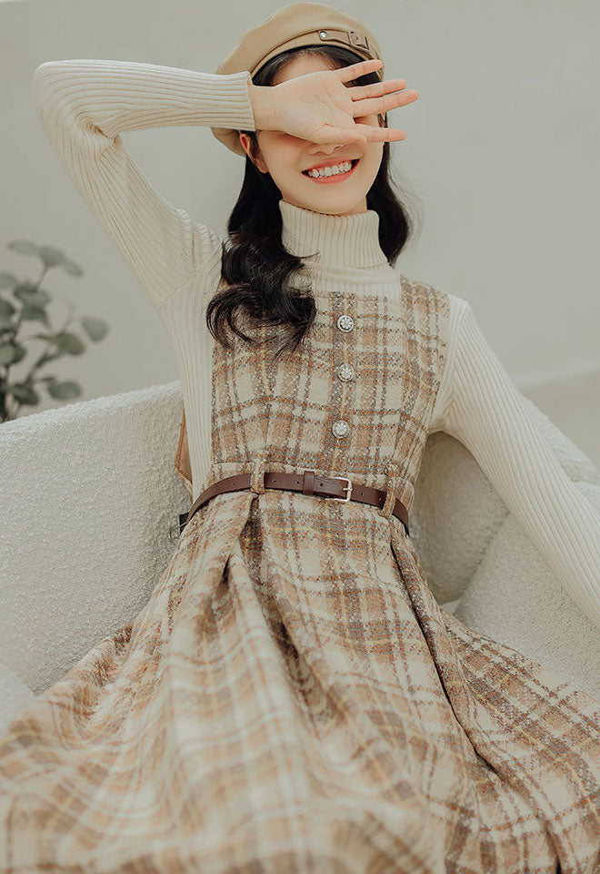 Latte Plaid Pinafore Dress (Khaki)