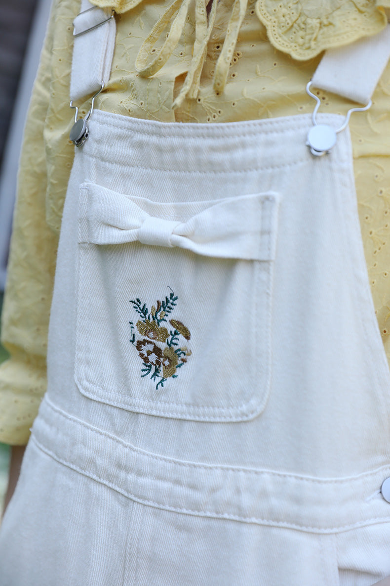 Bow Floral Embroidered Overalls (Cream)