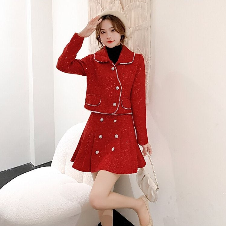  YIZHIWANG Christmas Red Suit Vintage Women Korean Lapel Plaid  Tweed Cropped Jacket And Irregular Mini Leather Skirt Suit cropped jacket  XS : Clothing, Shoes & Jewelry