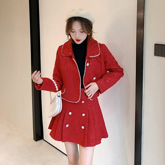 Sequin Tweed Jacket & Skirt Set (Red)