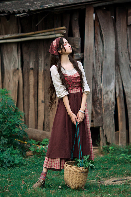 Patchwork Village Dress (Brown/Red)