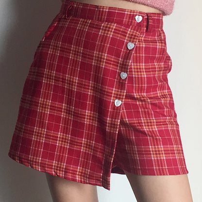 Button Up Heart Plaid Skirt (3 Colors)
