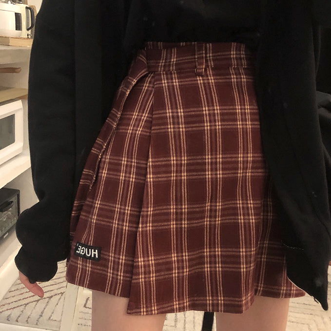 Belted Asymmetrical Plaid Skirt (3 Colors)