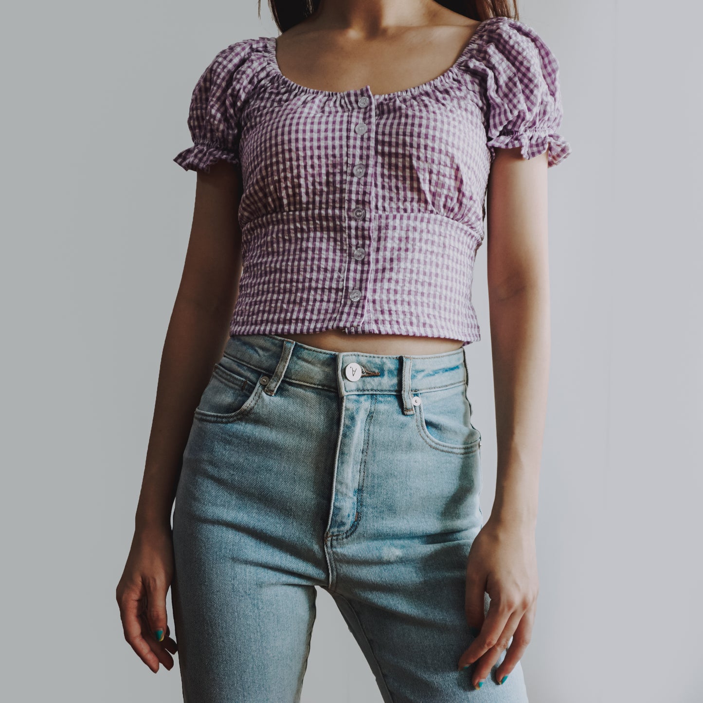 Gingham Puffy Sleeve Crop Top (2 Colors)