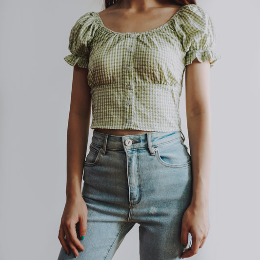 Gingham Puffy Sleeve Crop Top (2 Colors)
