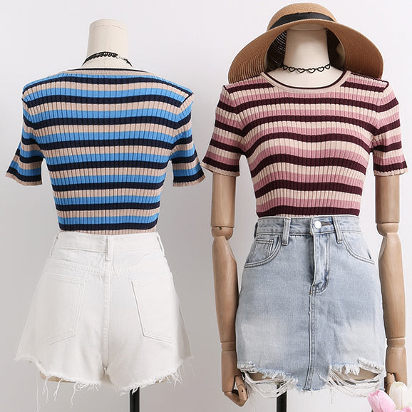 Colorblock Stripe Ribbed Tee (2 Colors)