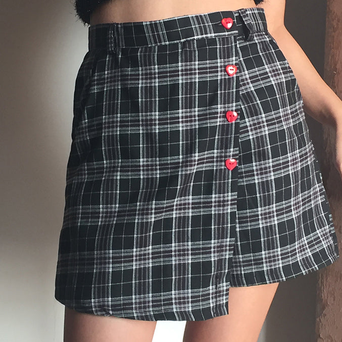 Button Up Heart Plaid Skirt (3 Colors)